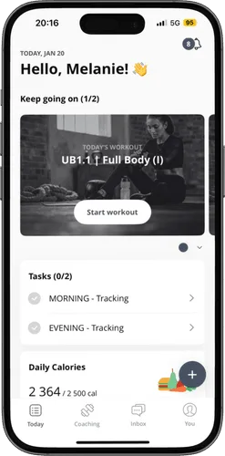 The Empoweriz coaching app on a phone, showing a client's daily plan